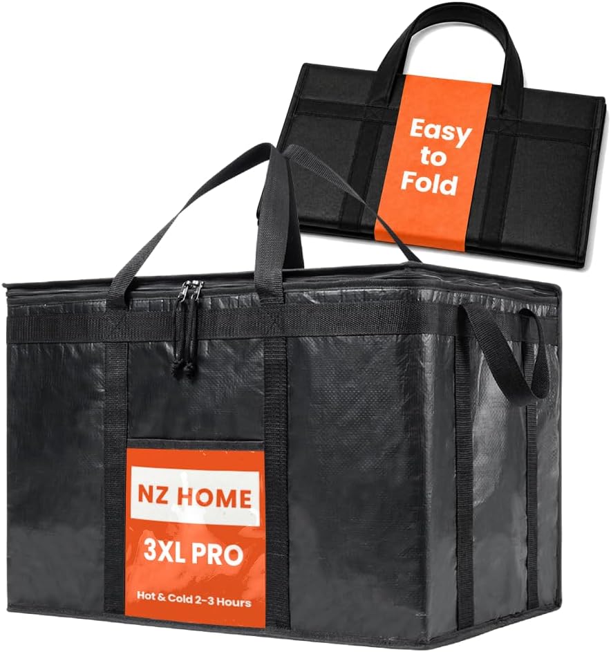 NZ home Insulated Bags for Food Delivery (3XL PRO) Grocery Shopping Cooler Bag, Pizza Delivery, Hot & Cold Catering Tote, Reusable, Foldable & Heavy Duty (Black) - Amazon product rated Grade B