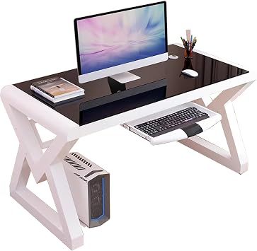 Computer Desk Tempered Glass Office Desk With Metal Frame & Threading Hole Modern Gaming Table For Home Office Workstation31.4 x 23.6in
