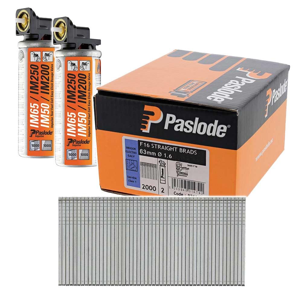 Paslode 300270 Finish Brad Nails F16 x 63mm GALV 2000pc + Fuel Cells