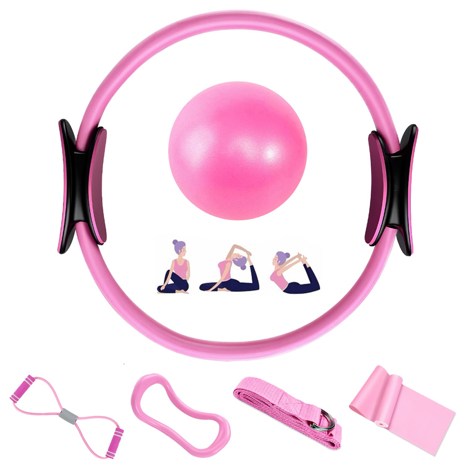 Set di Anelli da Pilates - 6pcs, Cerchio Magico con Maniglie Imbottite Doppie, Kit di Anelli per Pilates con Palla da Yoga, Fascia di Resistenza, Cerchio Pilates Set di Yoga per Casa