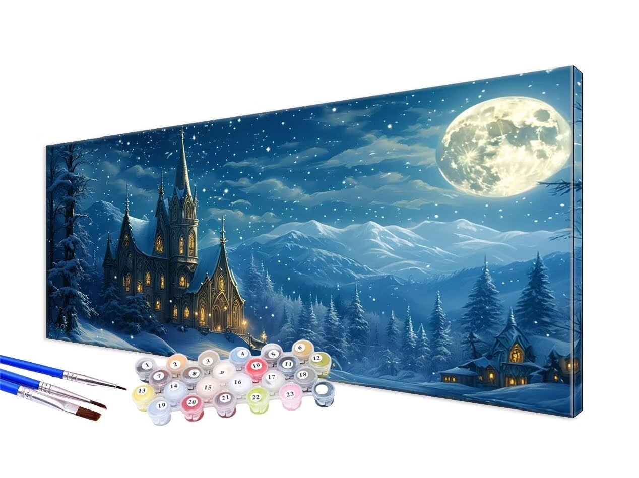 Pintar por Numeros Adultos 100x220cm,DIY Pintar por Numeros Invierno Pintura por Numeros,Cuadros para Pintar por Numeros Manualidades Adultos,con Pinceles y Pigmento Acrílico,Sin Marco,Castillo JC-582