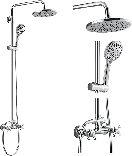 gotonovo Sistema de grifo de ducha expuesto, cabezal de ducha de lluvia de 8 pulgadas con 8 funciones ABS de mano y doble mango cruzado montado en
