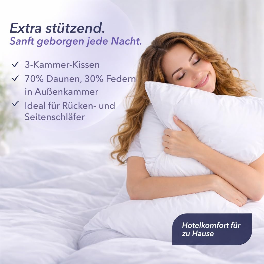 Daunenkissen 70x90 cm 3-Kammer – Premium Kopfkissen mit Daunen & Federn – Made in Germany – Ergonomische Nackenstütze – OEKO-TEX zertifiziert – Für Allergiker geeignet – Nordic