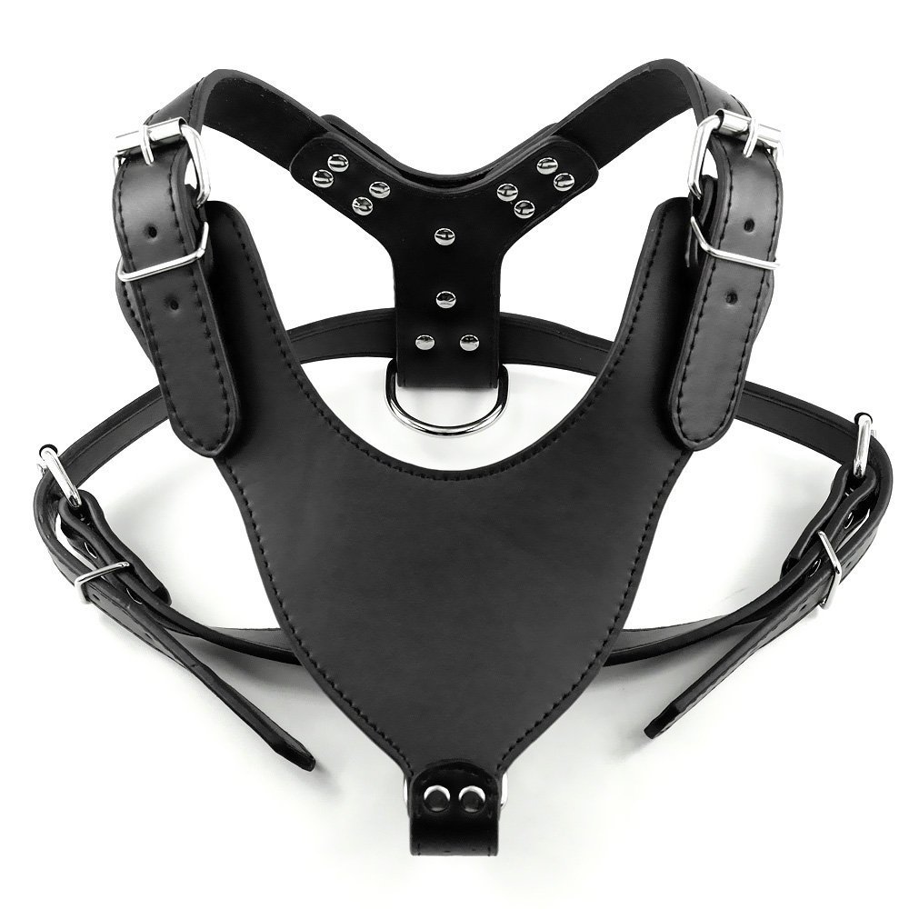 Dogs Kingdom 26"-34" Soft Leather Dog Harness Large for Pit Bull, Boxer, Bull Terrier Black