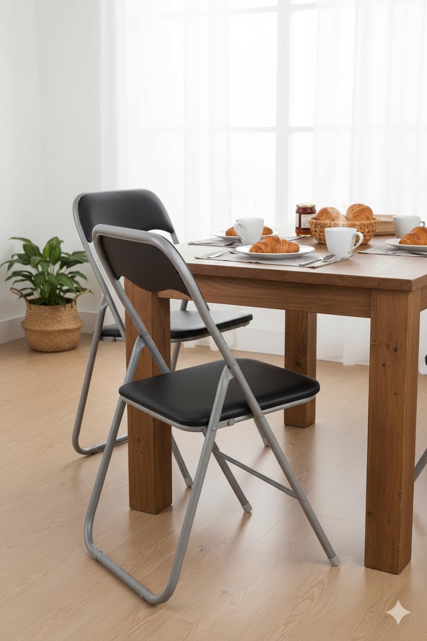 HAEST - Lot de 2 Chaises Pliantes, Chaise Pliante Rembourrée avec Cadre en Métal & Similicuir, Gain de Place, Charge Max. 100 kg, Idéale pour Cuisine & Jardin, Argent-Noir