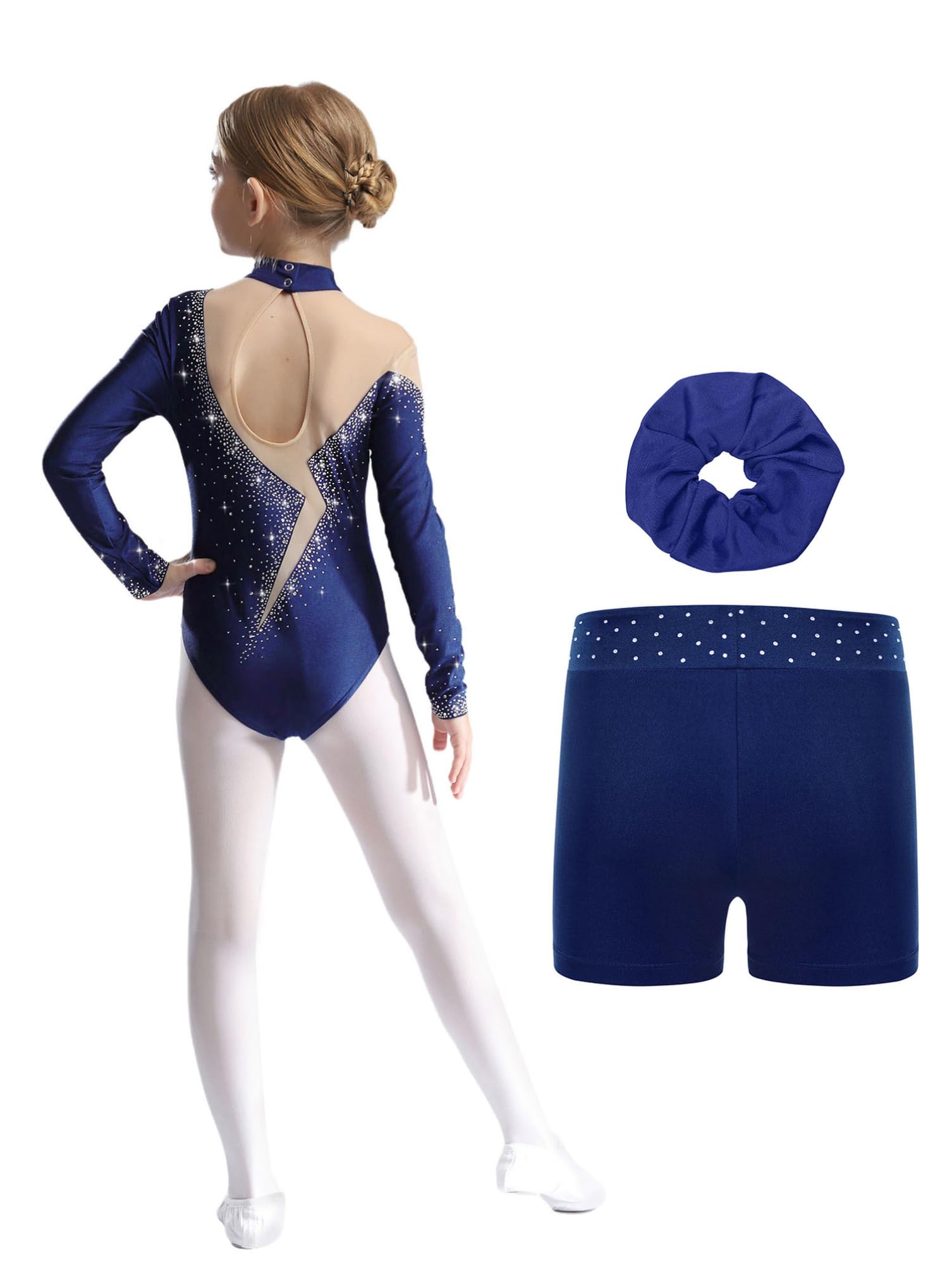 dPois 3 Pièces Enfant Fille Ensemble de Gymnastique Justaucorps Strass Short et Elastique Chouchou Spectacle 5-16 Ans