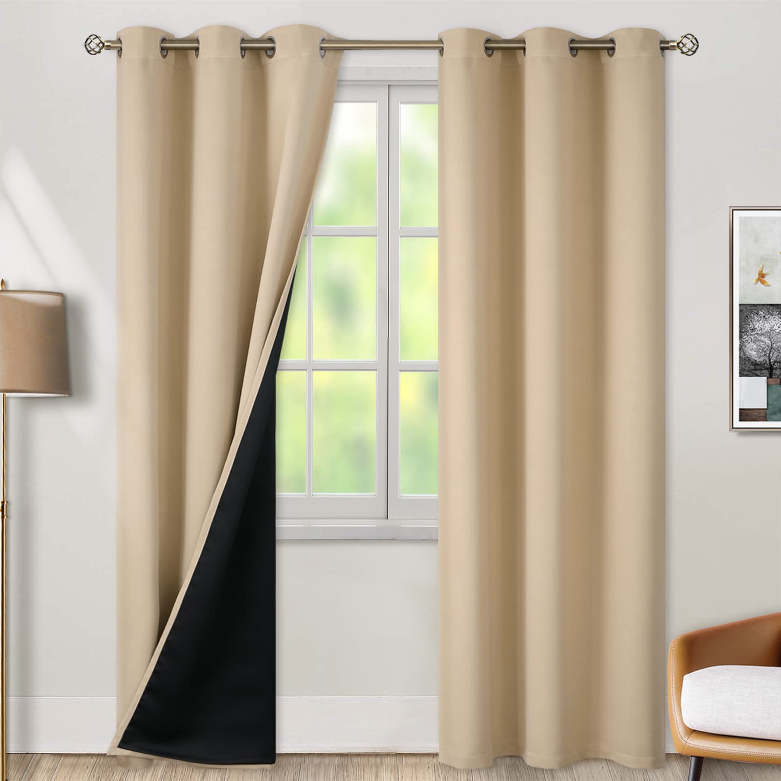 BGment Thermal Insulated 100% Blackout Curtains for Bedroom with Black Liner, Double Layer Full Room Darkening Noise Reducing Grommet Curtain (42 x 84