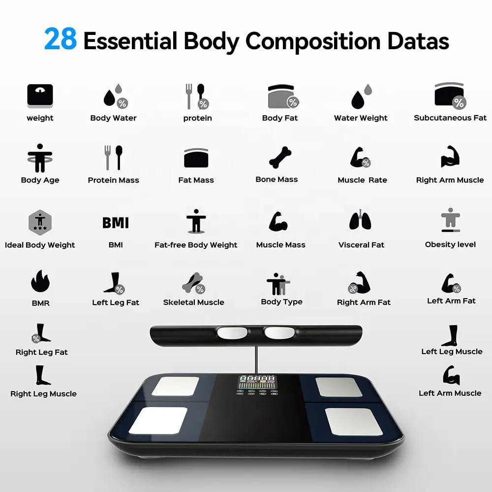 Pèse Personne Balance Connectée Impédancemètre Avec 8 Électrodes 28 Données Corporelle Affichage LCD Avec APP pour Andriod et iOS, Max. 180kg/400lb/28st, 30 * 30CM