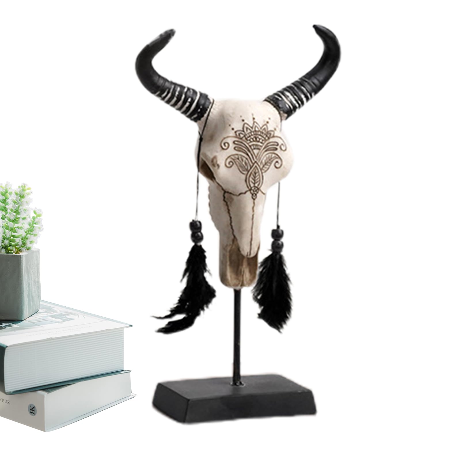 Amazon.co.jp: 牛の角のある頭蓋骨と羽 - 雄牛の頭蓋骨 アートクラフト