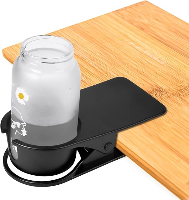 Pinsheng Drink Cup Holder Clip, Home Office Table Desk Side Huge Cup Clip, Portable Table Side Mug Holder Cup Saucer Clip Design for Water Drink Beverage Soda Coffee Tea (Black)