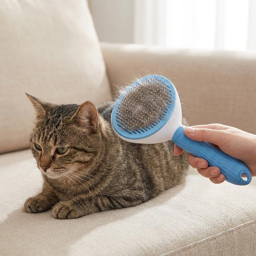 Pet Grooming Brush with Self Cleaning Button for Dog, Cat, Horse, Rabbit Brush Comb, Slicker Brushes with Smooth handle, Shedding Tool Massage Clean Tangled (Blue)