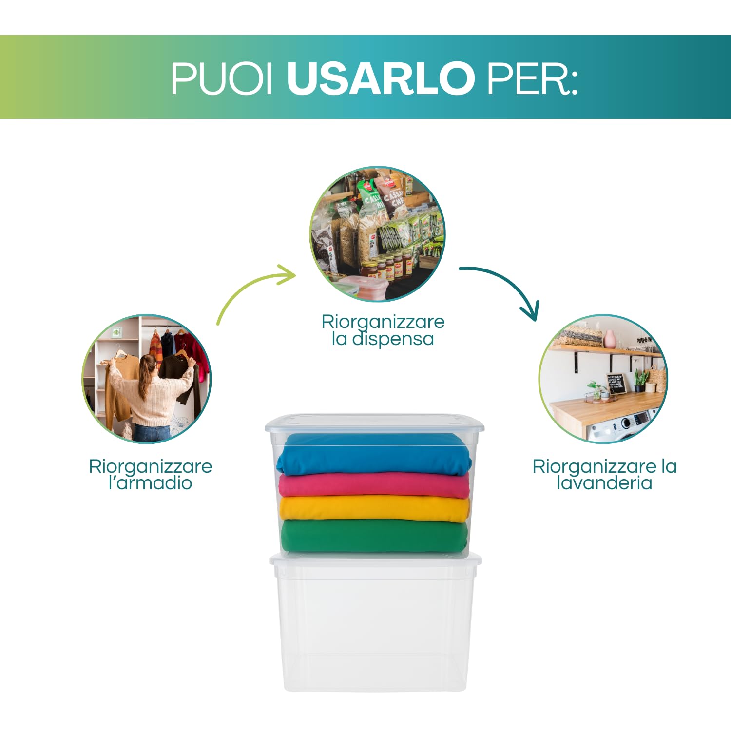 VIRSUS 8 Contenitori Multiuso Trasparente, misura 56x38,5x29 cm e capacità 43Lt, porta biancheria, coperchio chiusura a scatto, box salvaspazio impilabile armadio, accessori -672F