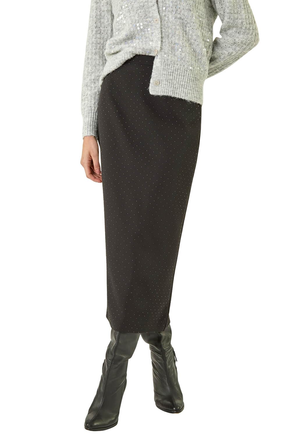 Roman Originals Women's Black Diamante Stretch Pencil Midi Skirt For Uk - Everyday Autumn Winter Comfy Soft Evening Vacation Work Party Night Out - Size 12