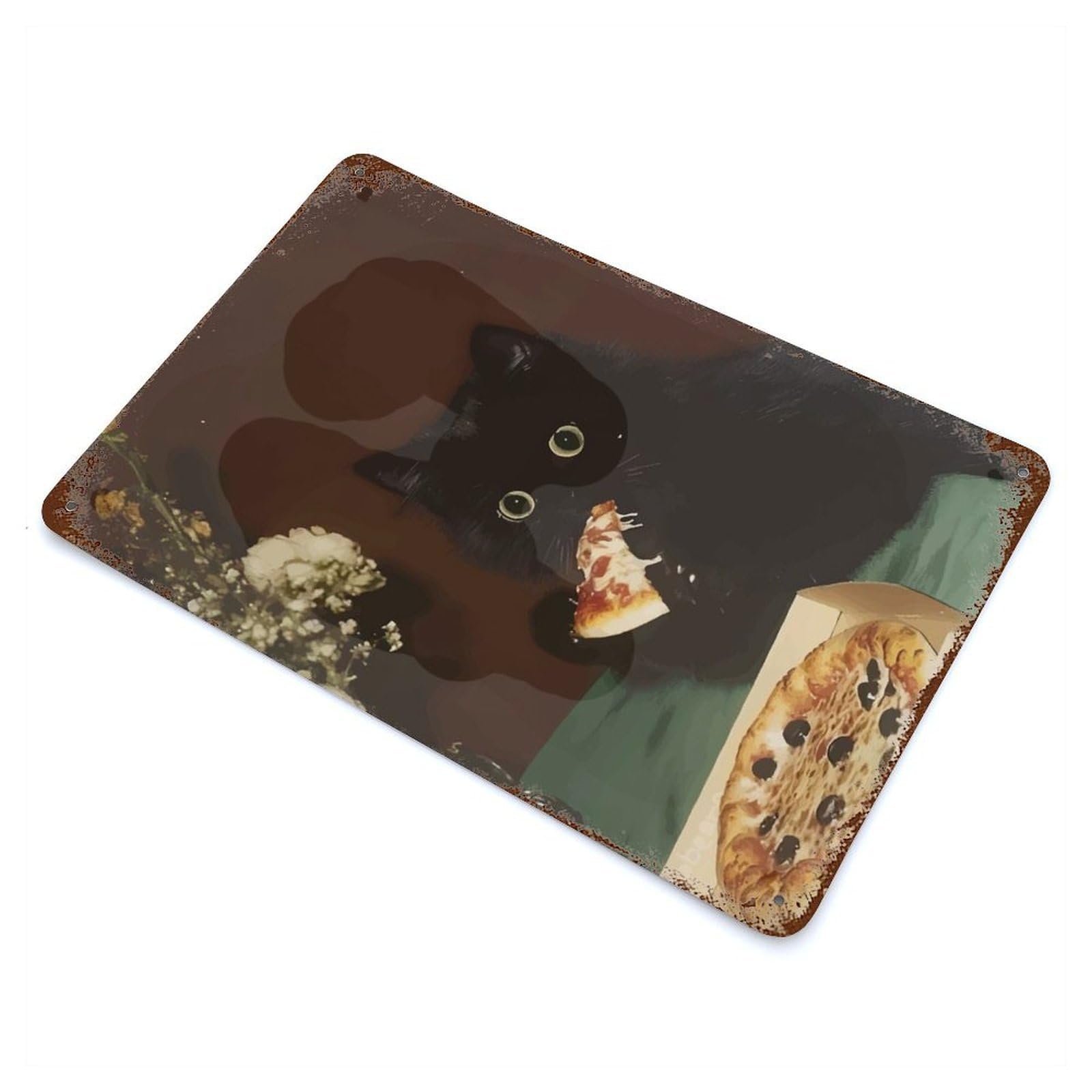 Rust Effect Black Cat Eating Pizza Vintage Rust Metal Sign 11.8"x7.9", Farmhouse Wall Decor for Farmhouse, Kitchen And Entryway Decor