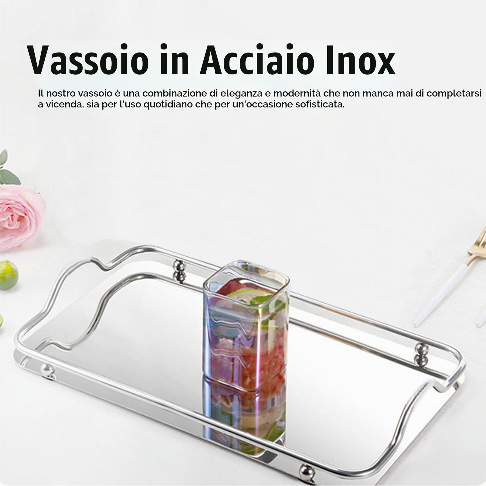 Vassoio da Portata in Acciaio Inossidabile con Manico, Vassoio da Tè Rettangolare Piatto da Tavola Decorativo Centrotavola per Cena Caffè Dessert Frutta Cibo Candela