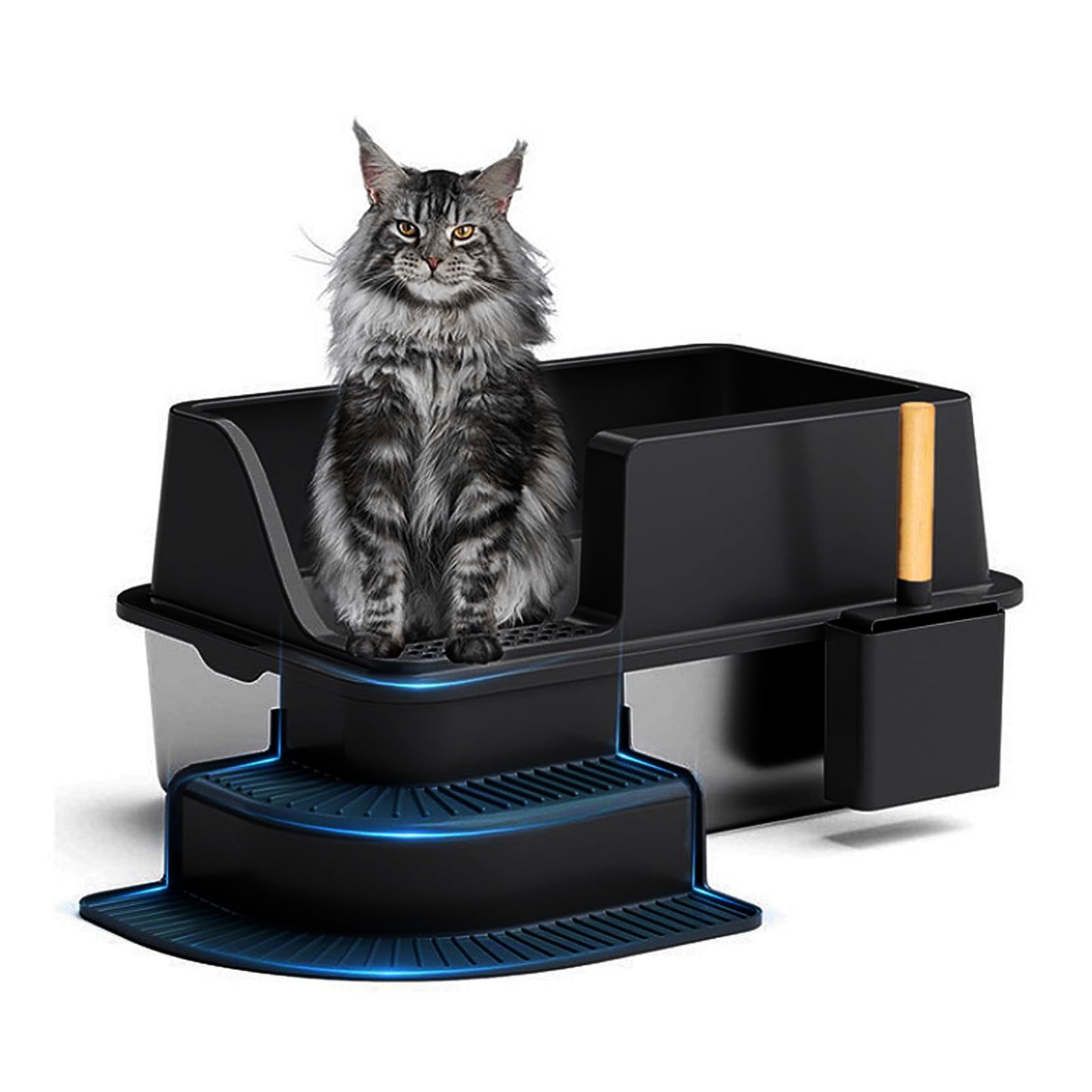 FILFEEL Lettiera per Gatti Extra Large in Acciaio Inossidabile - Design Semi-chiuso con Lati Alti con Protezione e Odore per Gatti di Razze Multiple o Grandi - Lettiera per Facile da Metallo (BLACK)