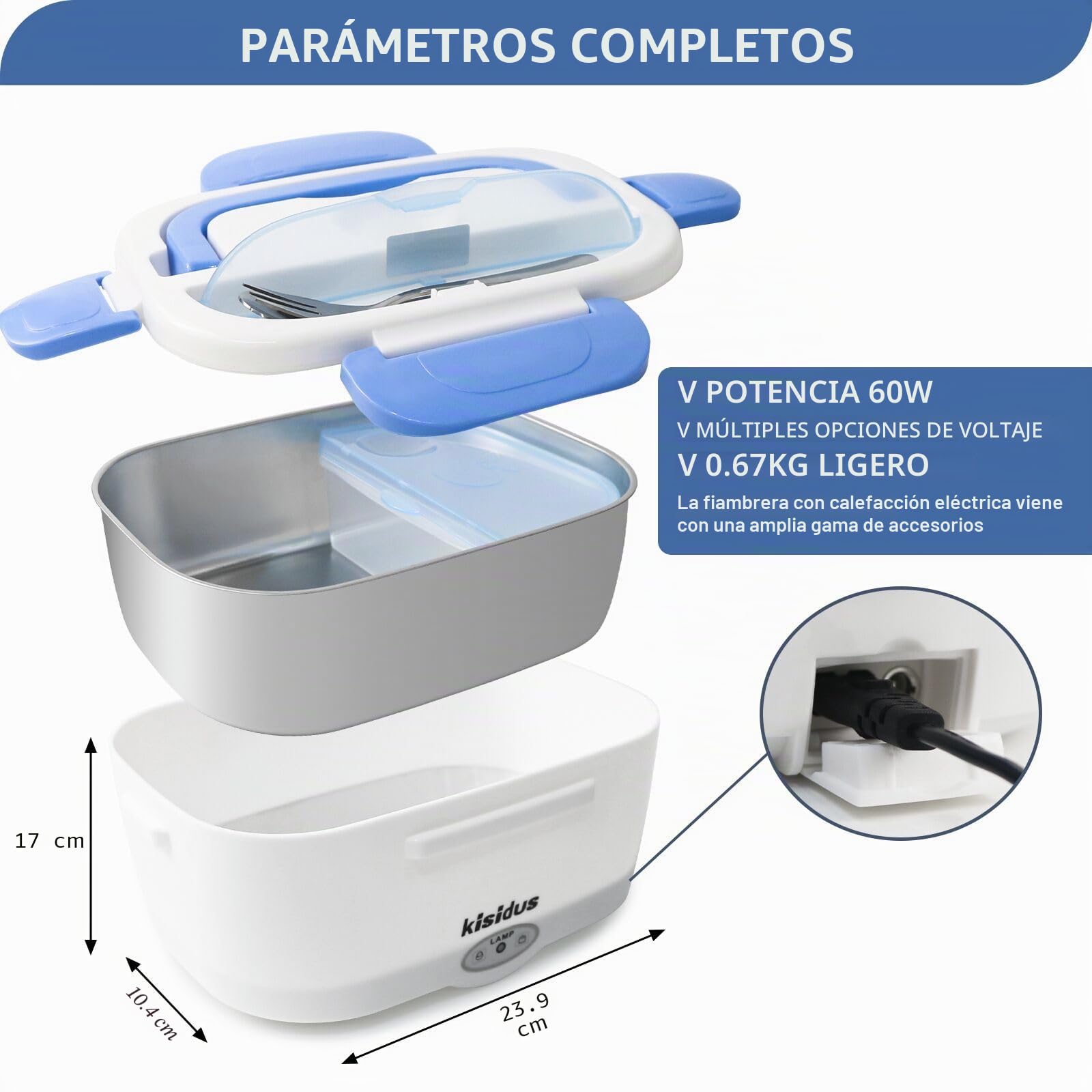 Fiambrera Electrica 3 en 1 60W,1.5L Calentador de Comida Electrico 12/24/220V para Coche/Camión y Trabajo Acero con Dos Compartimentos