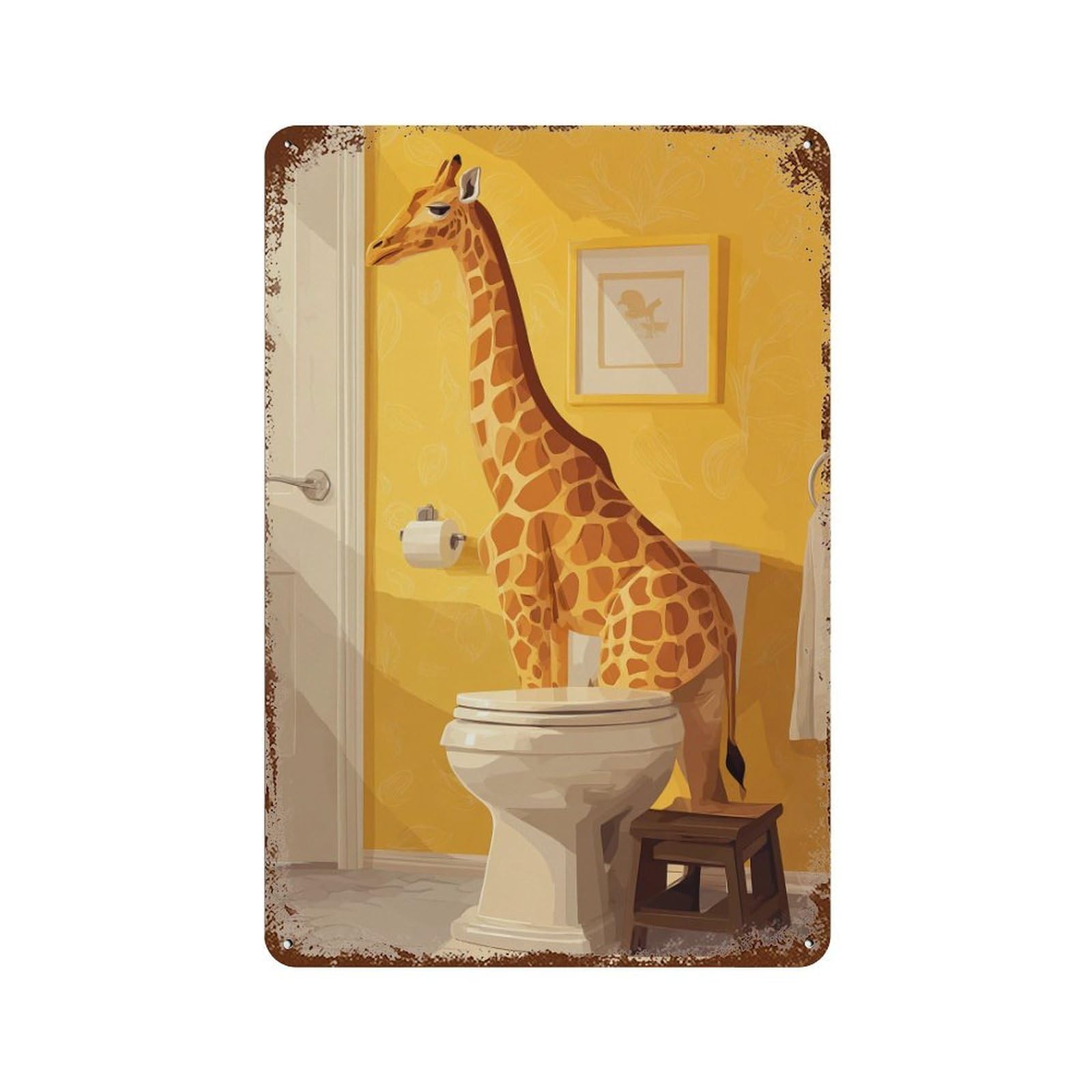 Giraffe Using Toilet Rustic Tin Plaque 11.8"x7.9", Rustic Home Decor for Office, Studio And Wall Decor