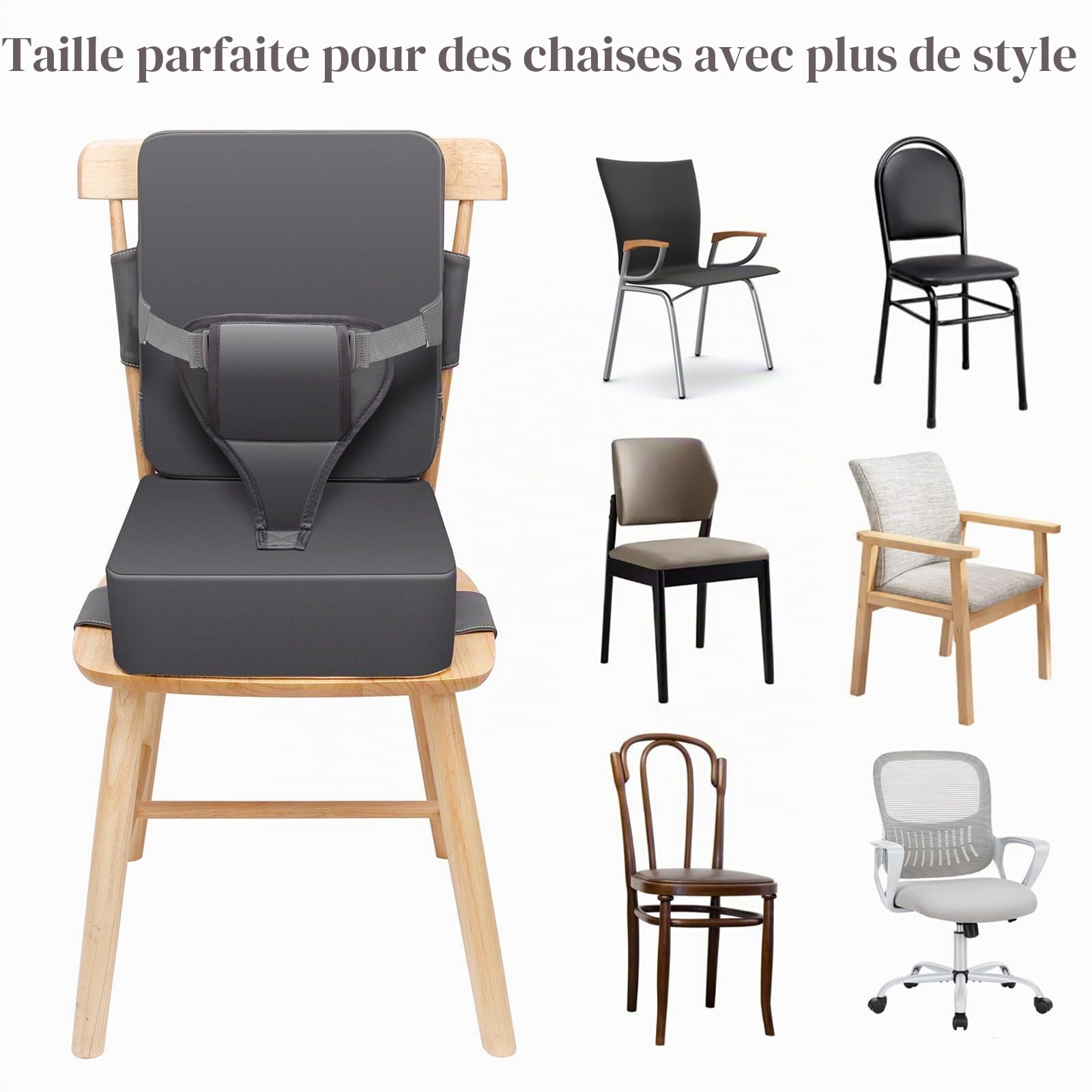 Rehausseur Chaise Enfant PU Lavable Rehausseur Chaise Bebe Antidérapant Rehausseur De Chaise Coussin Rehausseur Chaise Enfant Portable avec Dossier et Sangles de Sécurité Réglables en 3 points