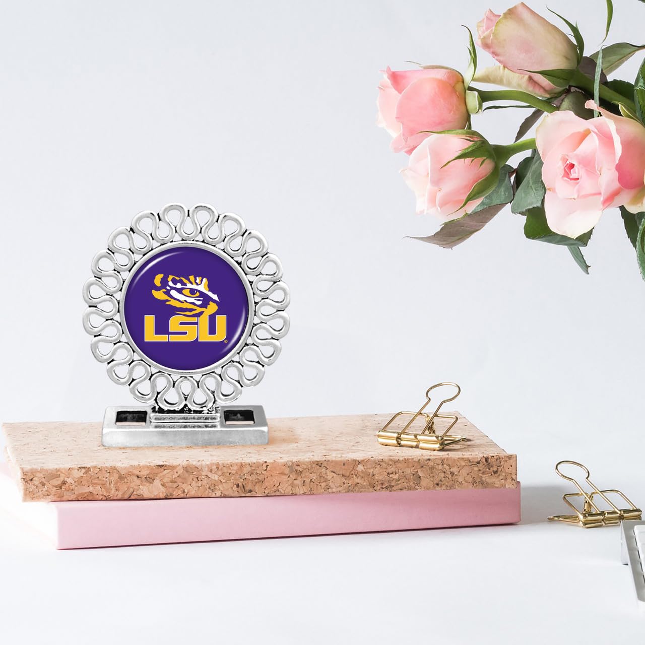 From the Heart LSU Tigers Elegant Round Shaped Ornate Desk Decor, 2 in X 2.875 inches, Silver Officially License