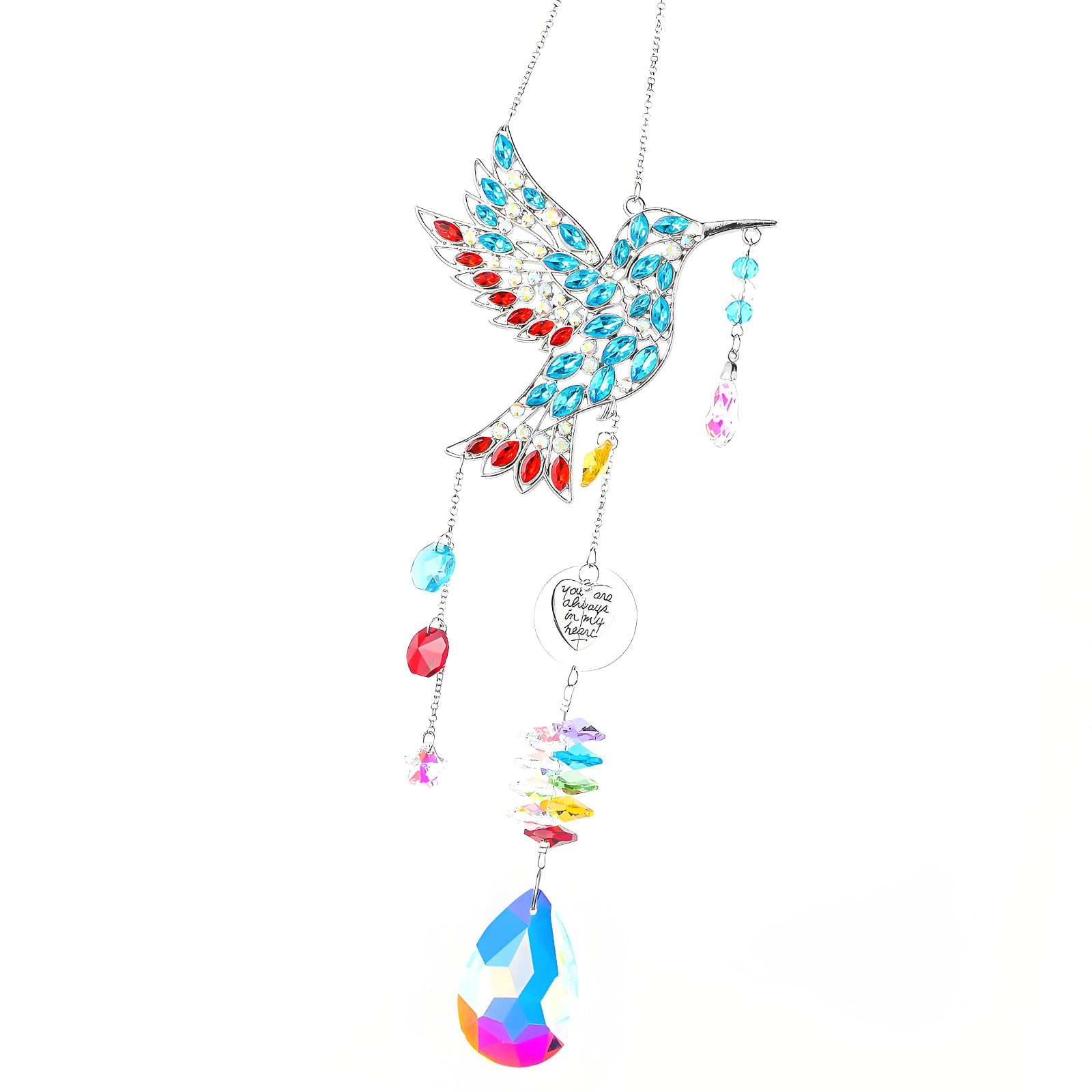 Crystal Bird Decor Pendant with Hummingbird Form and Faceted Prism for Patio Porch Balcony Garden Accent Display Hummingbird Crystal Ornament Prism Decor Metal Bird Pendant Patio Balcony Porch Garden