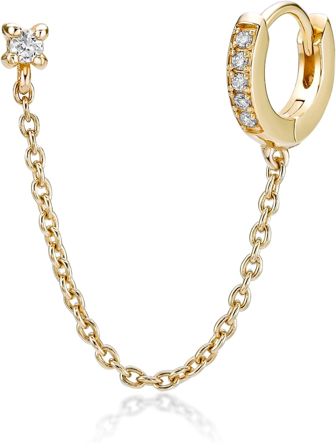 Lavari Jewelers Lab Grown Diamond Chain Huggie Hoop and Stud Single Earring for Women - 18k Yellow Gold Plated Sterling Silver Double Piercing Earring for Her (F-G, VS1-VS2, 0.077 cttw) Hinged Hoop