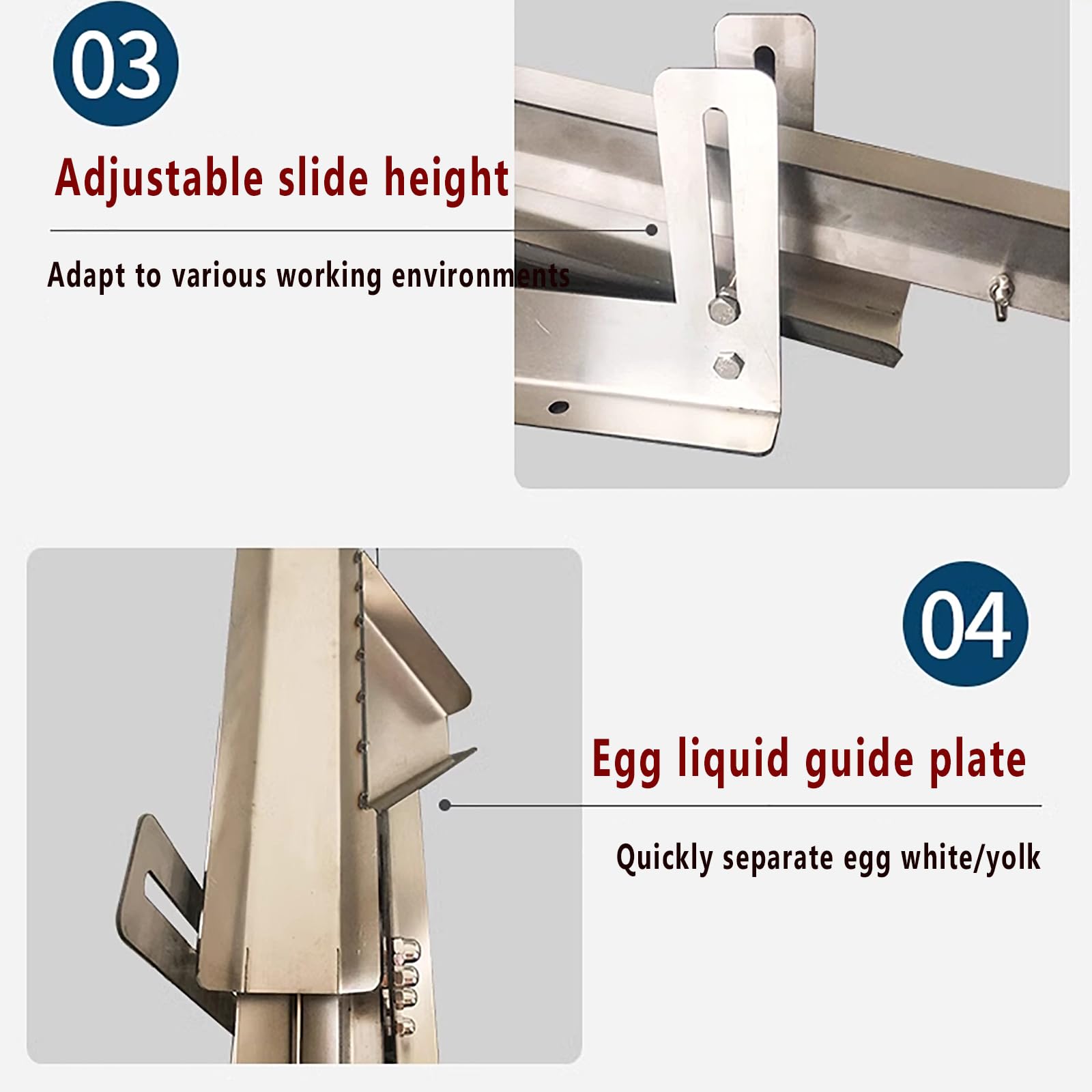 Separador Huevos,filtro Yema Y Clara Huevo Acero Inoxidable 304 Con Bandeja Exportación Y Placa Guía Líquido Huevo,altura Ajustable Y Espacio Separación,salida 500-800 Piezas/H, 3S Fondo Rápido