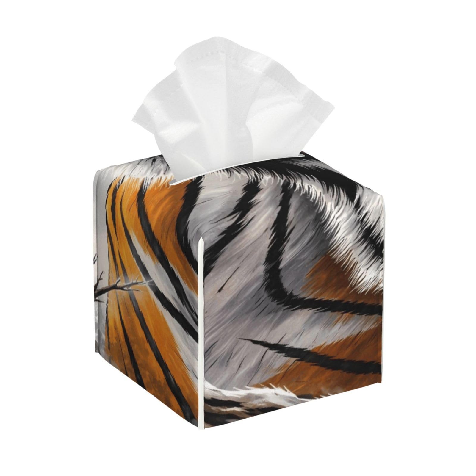 Cool Japanese Tiger Animal Painting Leather Tissue Box Cover Holder Square Facial Paper Organizer 5.2" X 5.2" X 5.2"