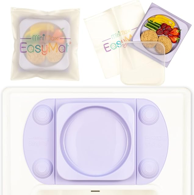 EasyMat MiniMax Silicone Baby Weaning Suction Open Bowl Plate by EasyTots | Strongest 5-Point Suction Feeding Mat with Lid and Carry Case for High Chair Feeding and Travel (Lilac)