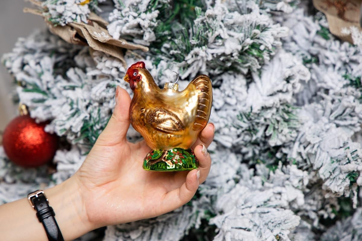 Set of 2 Hand Blown Glass Chicken Ornaments for Christmas Tree, Hanging Glass Chicken Christmas Ornaments - Image 6