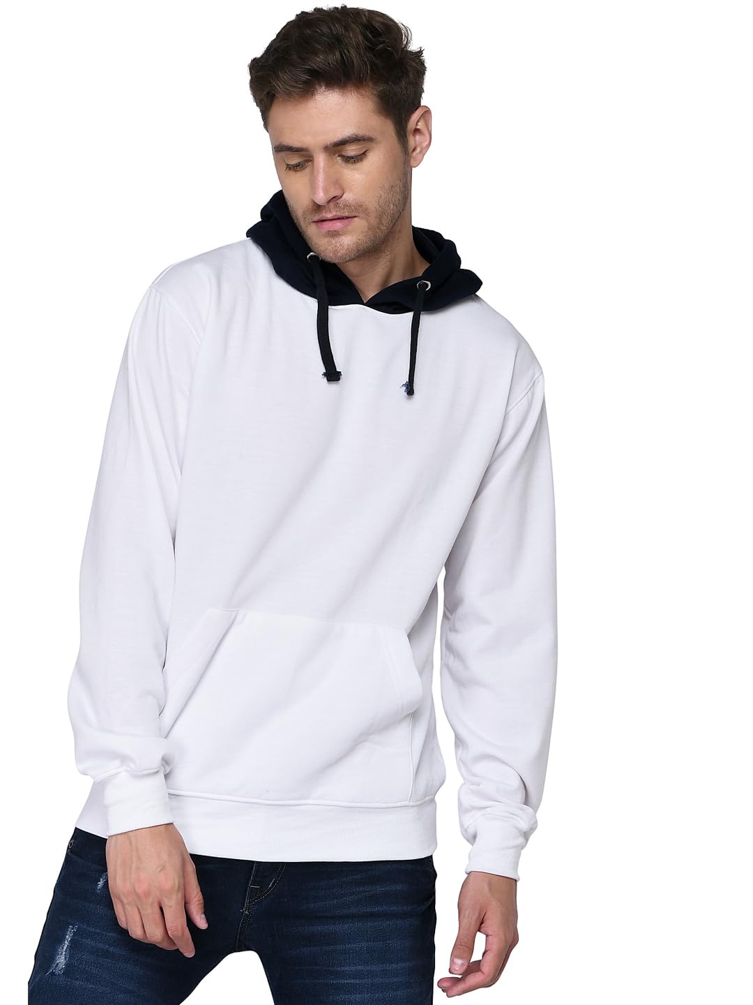 Colour Block Hoodie, Black/White/Pink, Cotton Blend-image-1