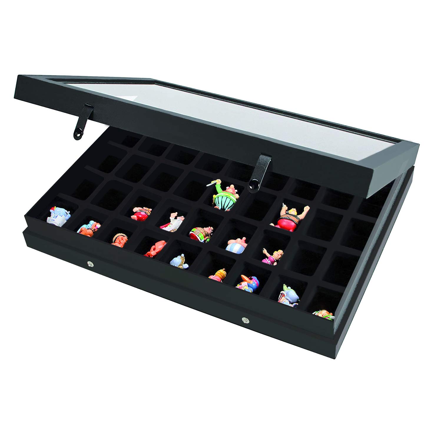 SAFE 5677 Vitrina de Coleccionismo Edición Negra con tapa de cristal real | superficie de estructura de lino negro mate | Estuche para hasta 45 unidades | 40 x 30 x 5,5 cm