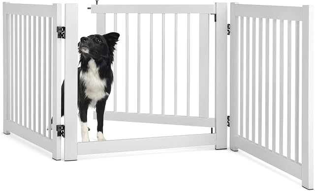 COSTWAY Wooden Dog Gate, Freestanding Foldable Pet Gates with Lockable Door, 360° Flexible Hinges, 3/4 Panel Safety Barrier for Doorway Stairs (207 x 2 x 61cm, White)