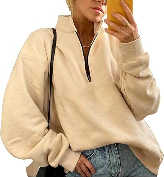 Long Sleeve Lapel Half Zip Up Sweatshirt, 1/4 Zip Pullover Women Hoodie, Cheap Clothes For Teen Girls Women Trendy Oversized Sweatshirt