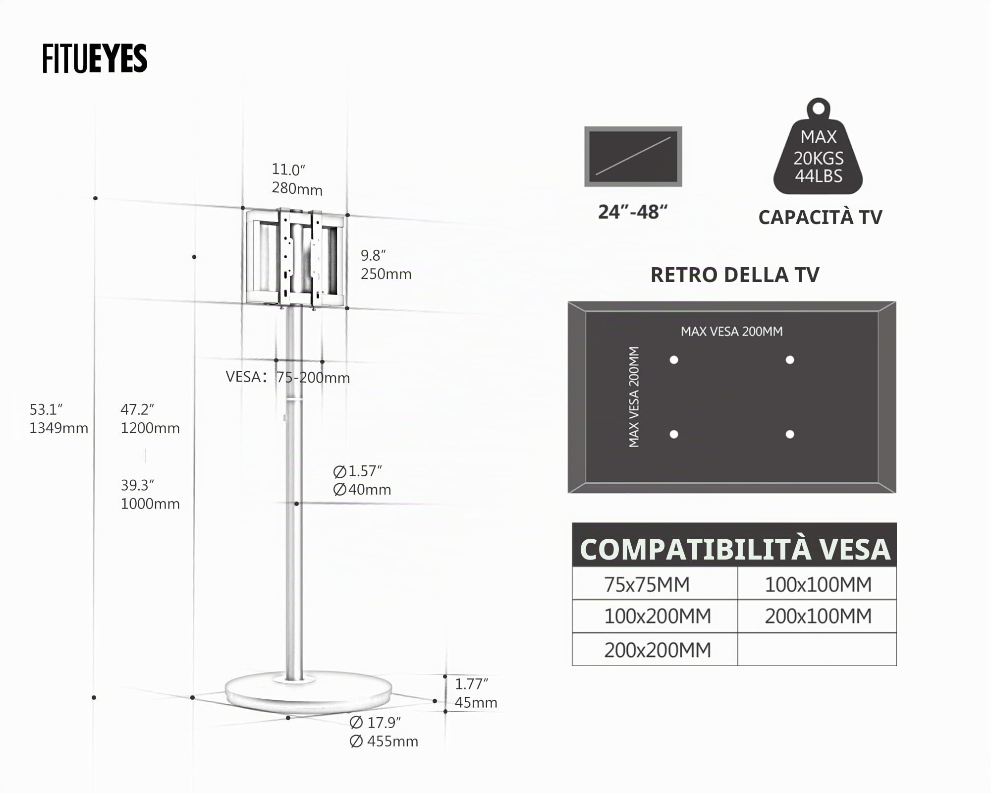 FITUEYES Supporto TV da Pavimento per 24" - 48" Televisore Portatile con Ruote Massima 20 kg Regolazione Altezza Massimo VESA 200 * 200mm Serie Master