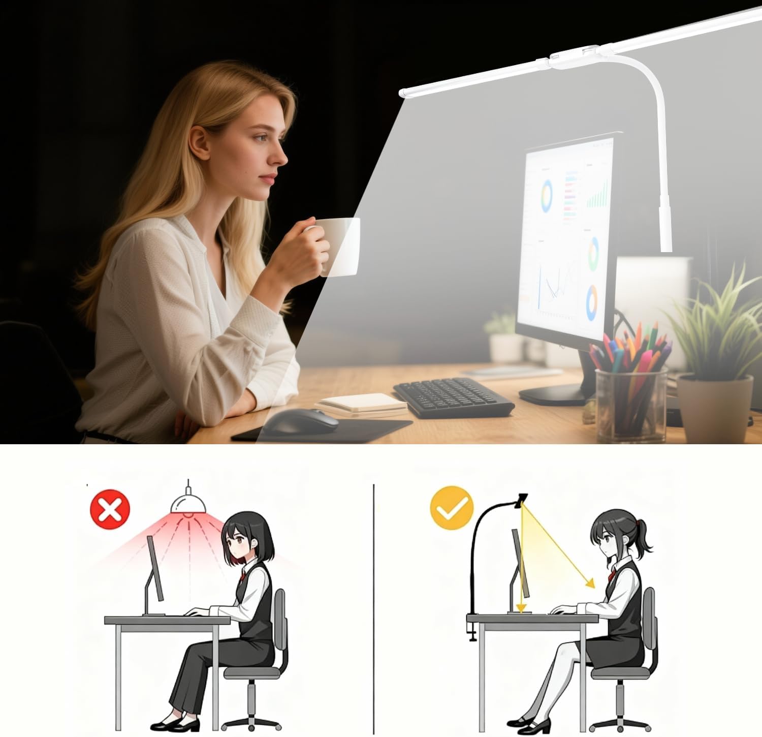 LED Desk Lamp with Clamp, Dual Head Desk Light for Home Office, Eye-Caring Monitor Desk Lamp with Remote, Flexible Gooseneck Architect Task Lamp, 10 Brightness Levels & 5 Color Modes White