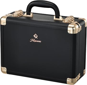 Faquenc Lighted Makeup Case with Detachable Tray, Beige Vegan Leather Makeup Box Rechargable 3-Color LED Mirror, Travel Train Case Makeup Bag Organizer Black