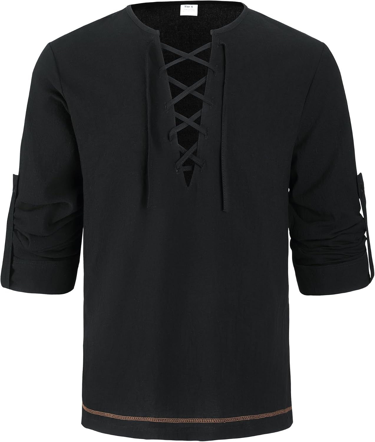 Mens Long Sleeve Cotton Lace up Shirts for Renaissance Pirate Viking Medieval Cosplay Costume Without Belt