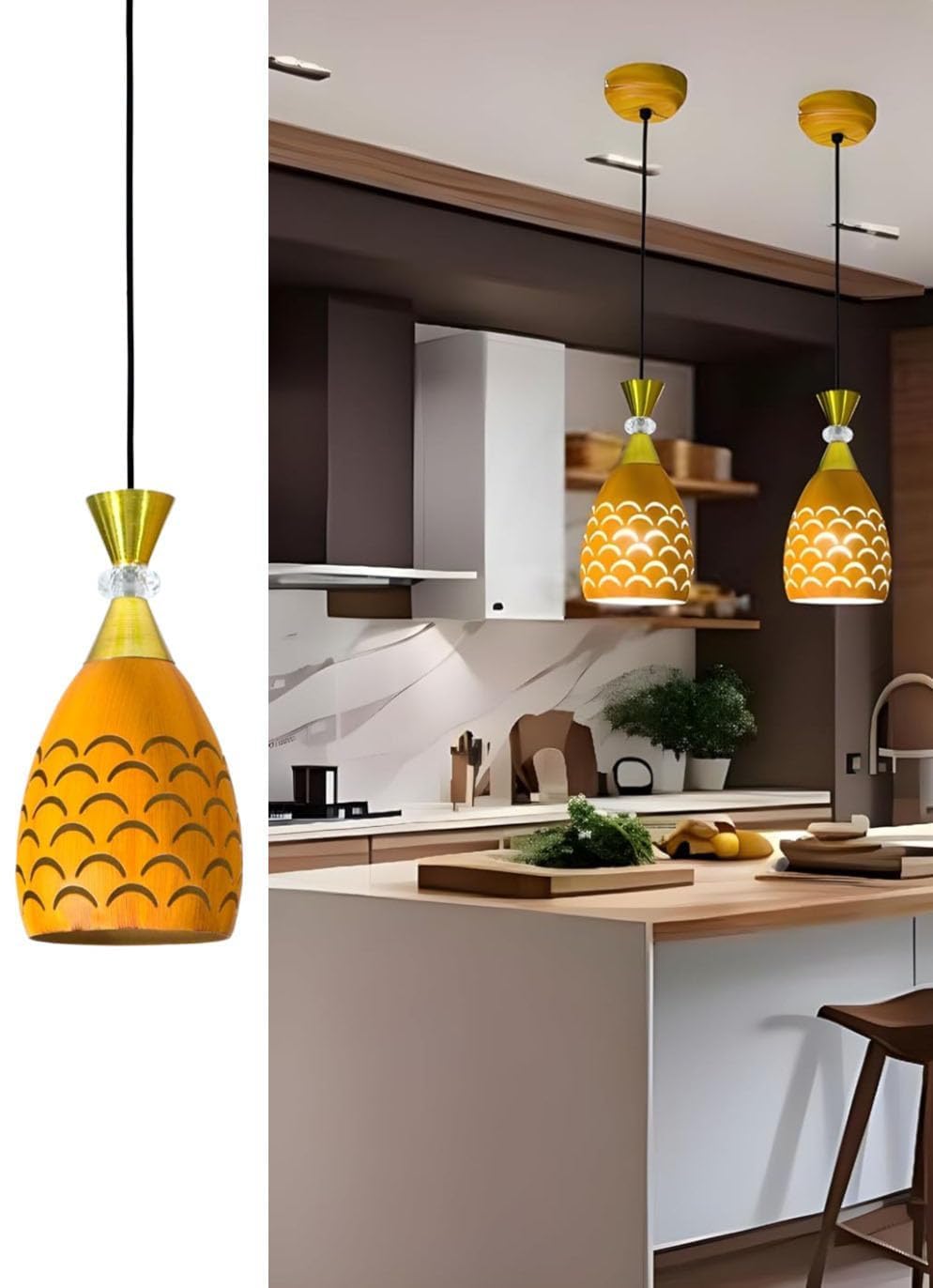 SWIATLO Modern Wooden Color Pendant Hanging Light with Moon Lazer Cut Design | Celling Pendant Light for Living Room | Hanging Lamp for Bedroom/Cafe/Resturents/Bar etc (Pack of 2, with Bulb)-image-2
