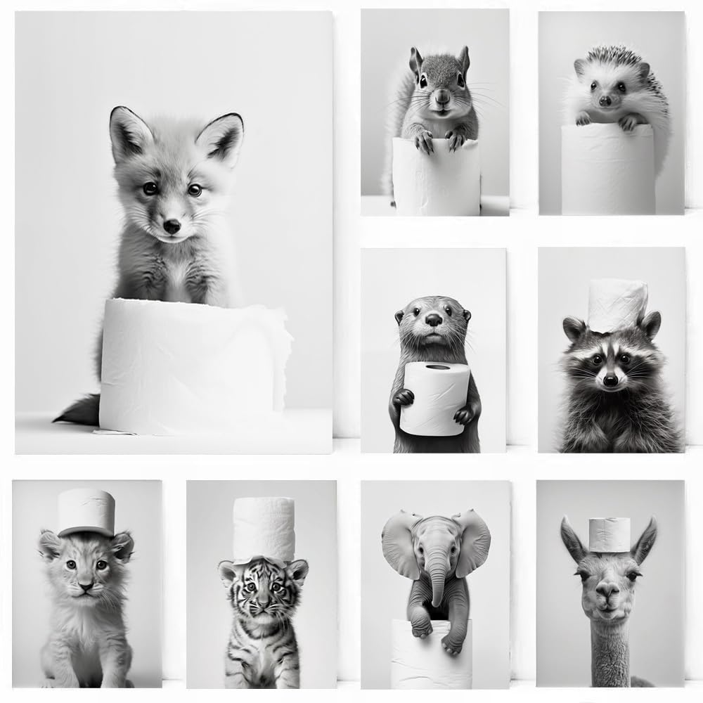 Affiche Murale Noir et Blanc Humour Animaux 40x50 Poster WC Deco Salle de Bain Toilette Humoristique