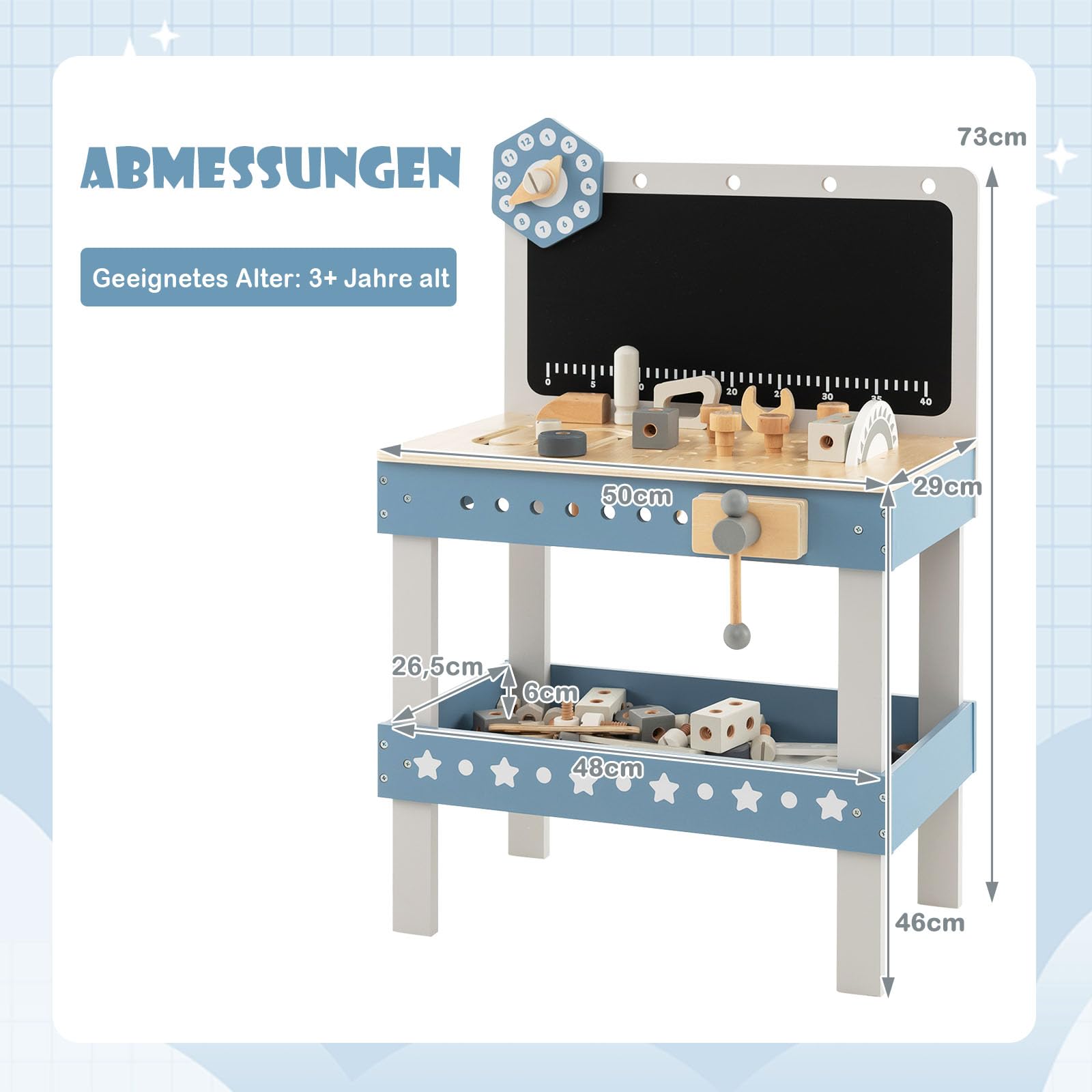 GOPLUS Kinder Werkzeugbank, Werkbank aus Holz mit Tafel, Uhr, Arbeitsplatte mit Steckplätzen & unterer Ablage, Kinderwerkbank mit 61 TLG. Zubehör für Jungen & Mädchen ab 3 Jahren