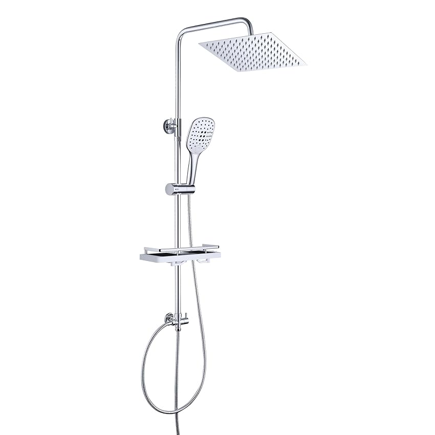 JOHO Colonna Doccia idromassaggio senza Miscelatore con Porta Ogetti Colonna Doccia in Acciaio INOX 304 con Mensola Set Doccia Regolabile in Altezza Doccia Soffione Colonna(25 * 25cm quadrato)