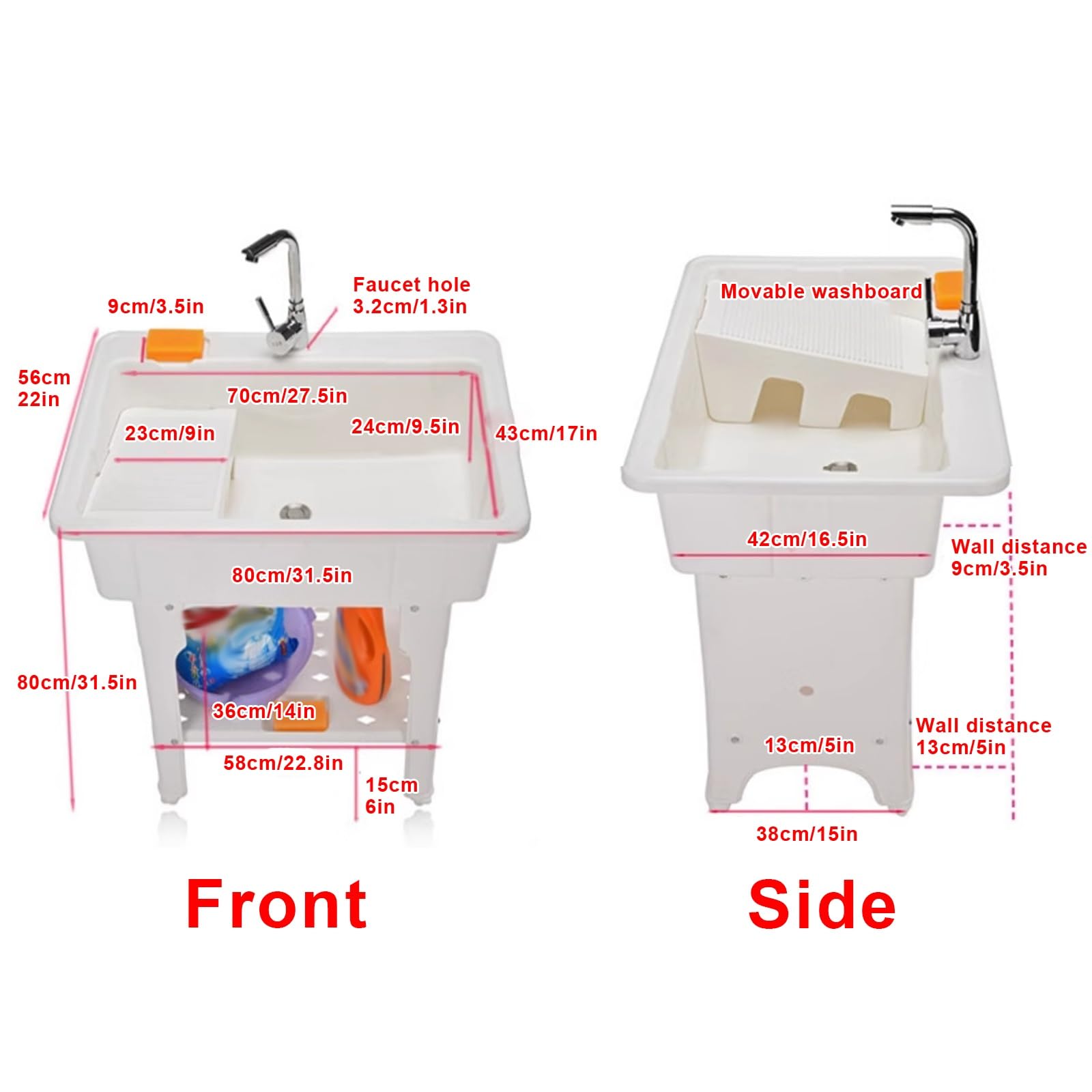 Lavatoio da Esterno in Resina con Asse da Bucato, Lavatoio Lavanderia Indipendenti con Rubinetto, Valvole e Tubo di Scarico, Portante 200 Kg, per Lavanderia, Cantina, Garage(White,80 * 56 * 80cm)