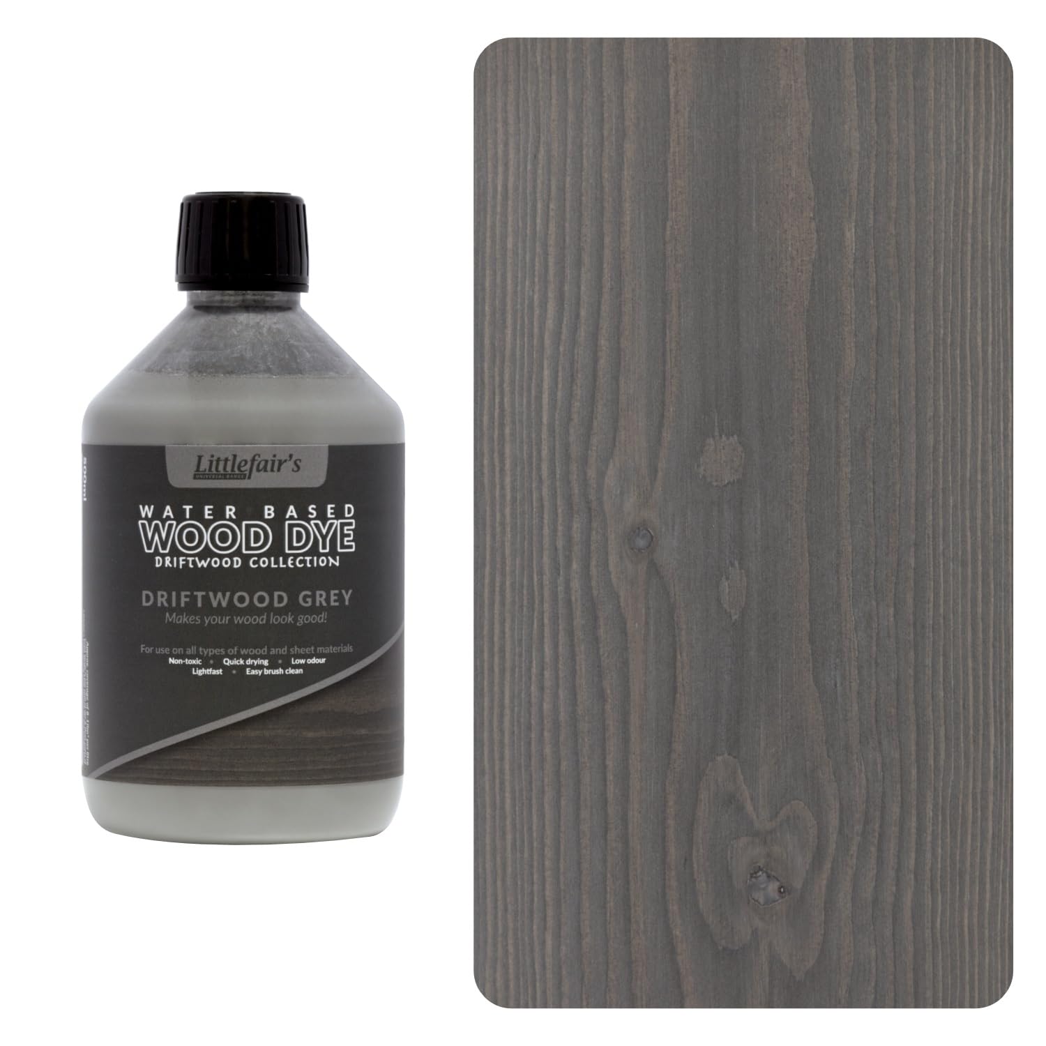Littlefair's Wood Stain Water Based - 500 ml - Indoor Furniture Stain Light & Dark Finishes - Special Non Toxic & Eco Friendly Formula - Wood Stain for Crafts - Colour: Driftwood Grey