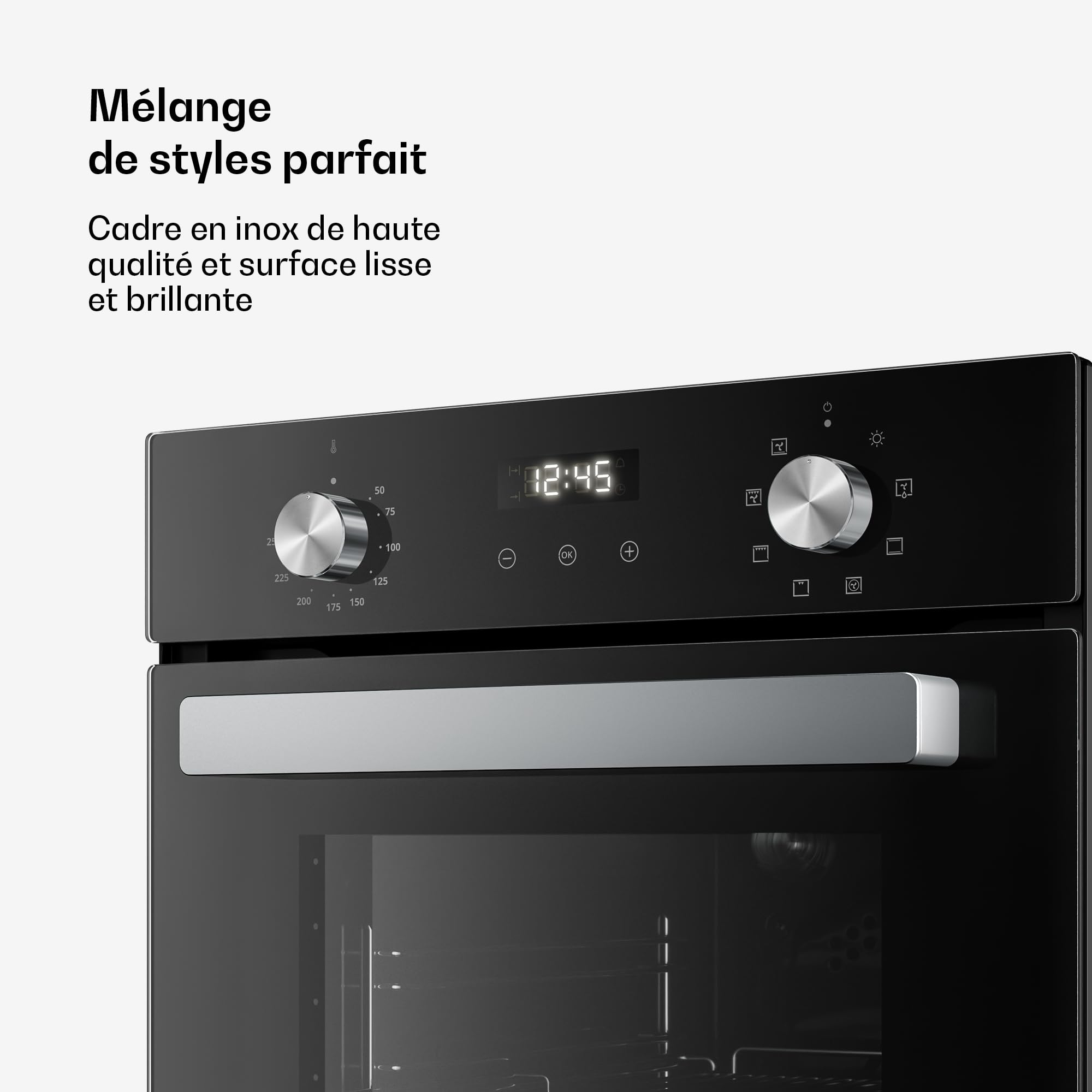 Klarstein Verosteel Four Encastrable 45 cm - 49L, 8 Modes, Classe A, Nettoyage Facile, Commande Rotative, Porte Double Vitrage, Four Électrique Encastrable Inox & Verre Noir