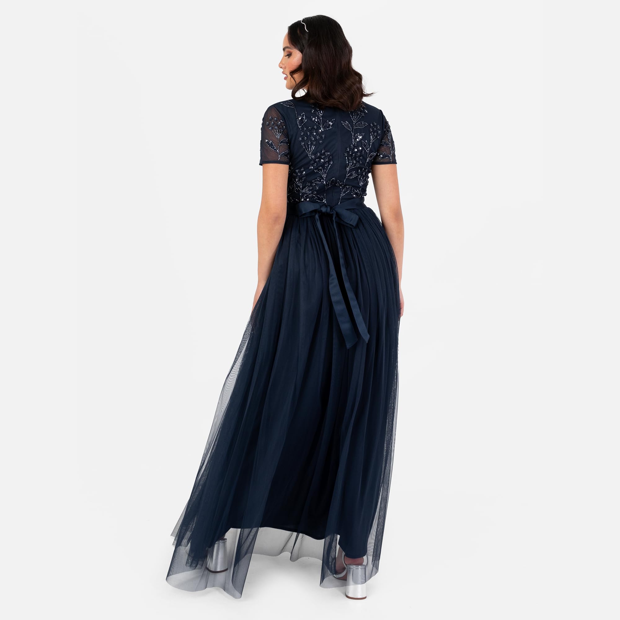 Maya Deluxe Damska sukienka Maxi Damska Kwiatowy Cekin Upiększony Dekolt w serek Krótki rękaw Tiul Sash Tie Belt Empire A-Line Druhna, Granatowy 38, granatowy, 36