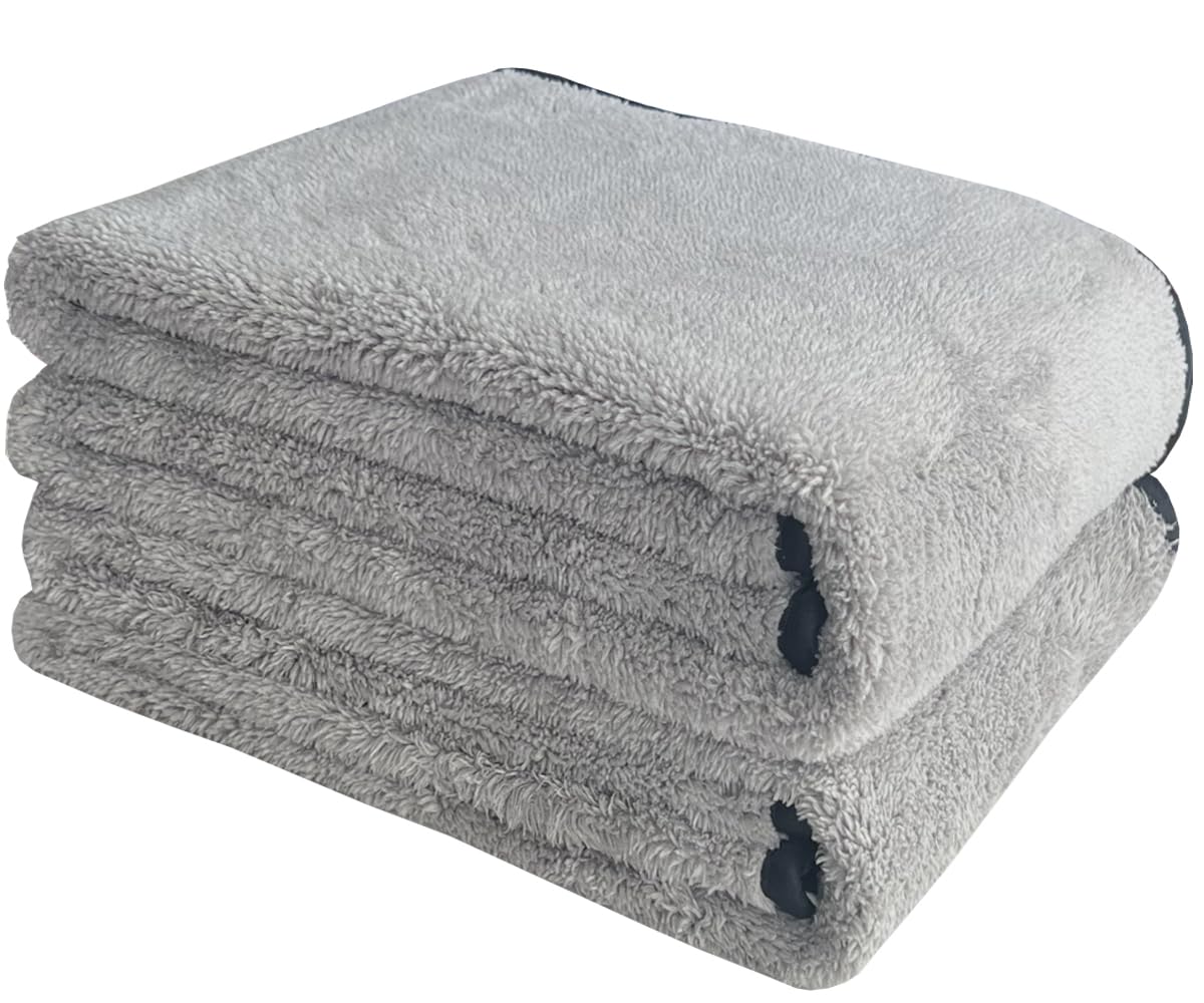 HIDMD Microfibre Car Drying Towels - Absorbent Large Plush Thick Auto Detailing Cloths 380gsm 40CM x 100CM 2Pack Grey