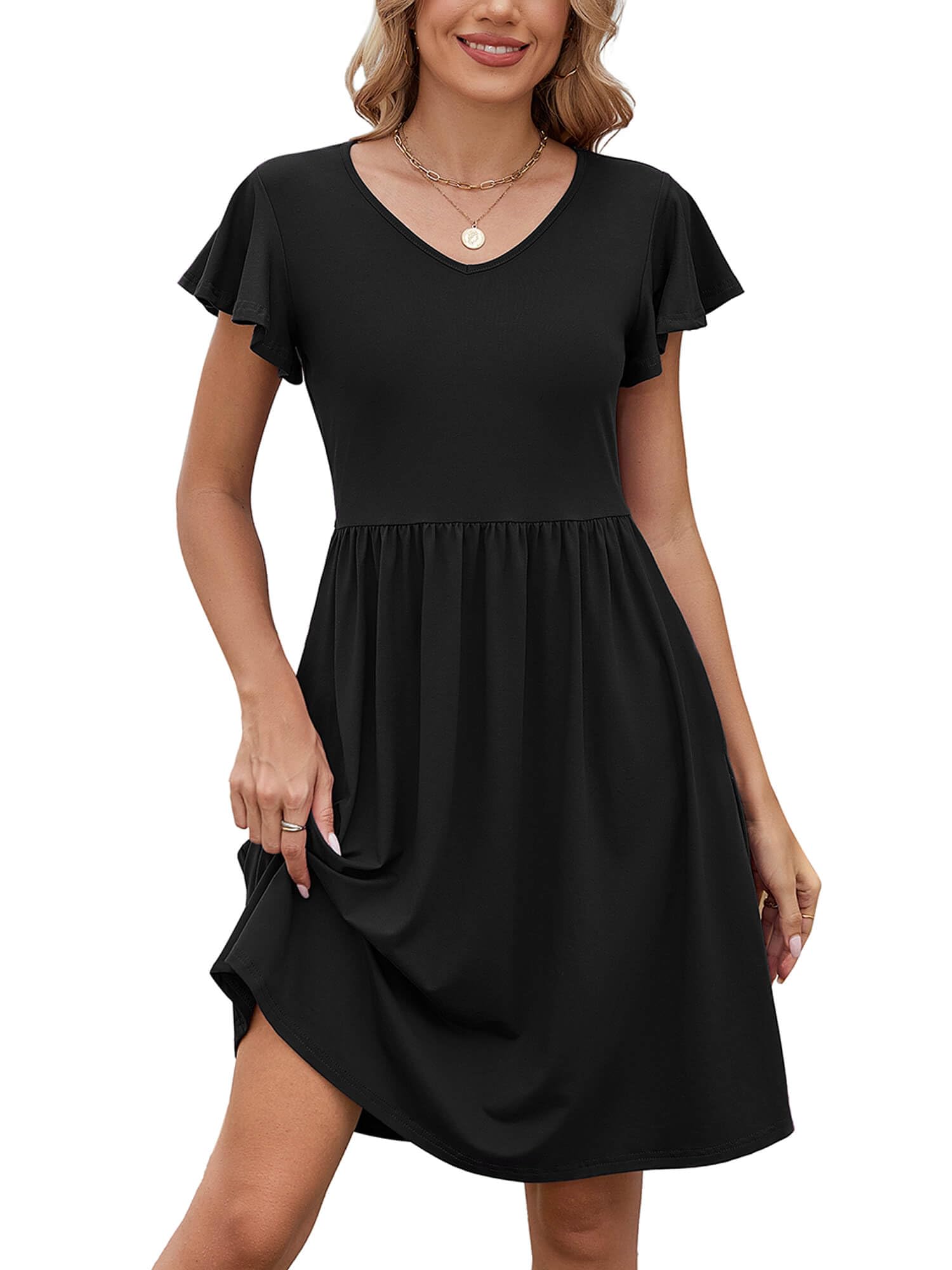 Heymoments Women Summer Dress Black X-Large Ruffle Sleeve Crewneck Casual Cute Loose Sundress Comfy Swing Midi Work Flowy Tunic Ladies Beach Vacation Teacher Dresses with Pockets