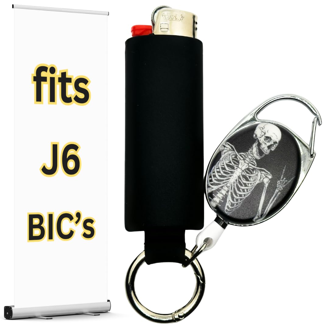 Retractable Lighter Holder for J6 BIC Lighters | BIC Retractable Leash Case Sleeve Cover is Made for Full Size BICs | Lighter Not Included (Black with Skull)