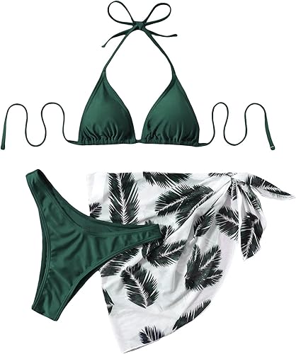 Cozyease Traje de baño sexy de 3 piezas para mujer, conjunto de bikini triangular con falda de playa con cubierta de malla